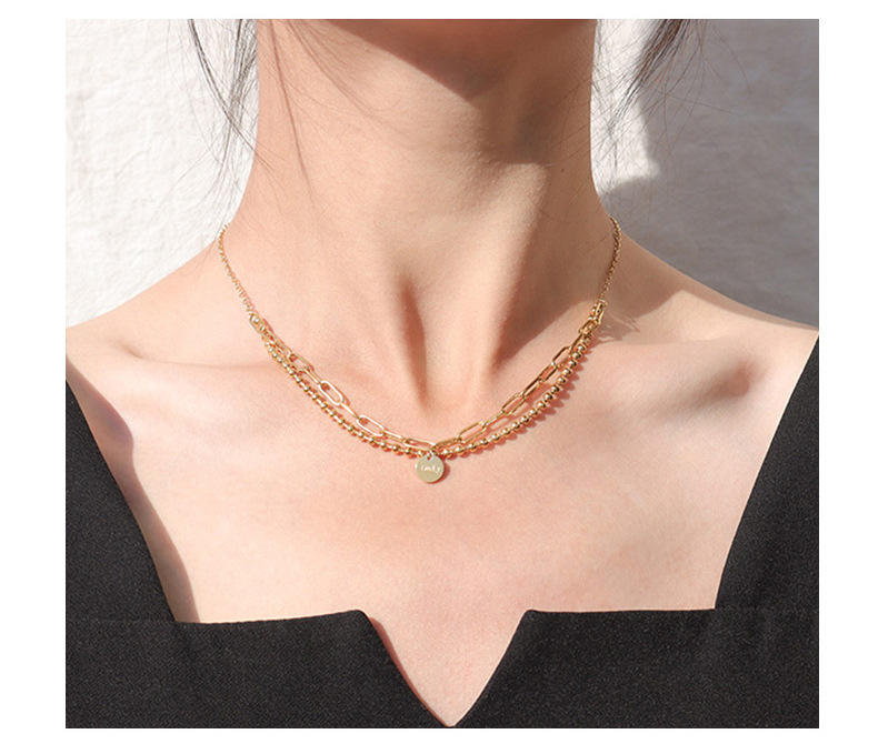 15g Weight No Inlaid Inlay Material Titanium Steel Material Printing Pattern Women'S Gender Gold, Silver Color Lucky Round Brand Double Layer Necklace, Bracelet Set Round Beads Necklace Clavicle Chain Titanium Steel 18k Gold Plating P853-e184 2