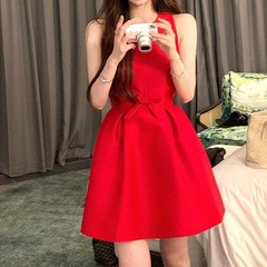 2025新型夏古早クリスマス誕生日パーティーサテン蝶結びドレスワンピースノースリーブ丸襟女