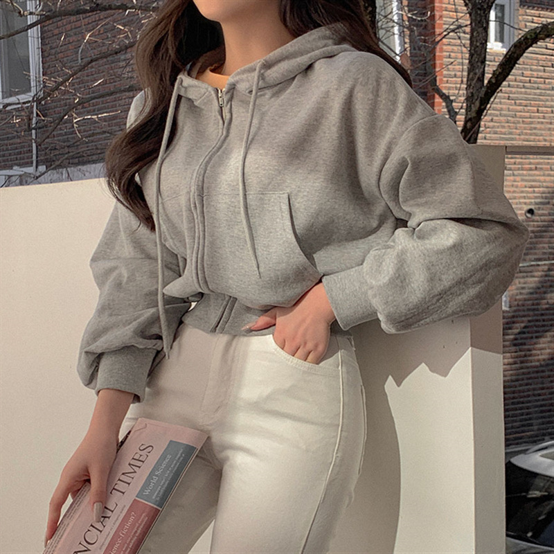 2026 Spring and Autumn New Korean Style Ins Simple Casual Solid Color Versatile Waist-Slimming Hooded Sweatshirt Jacket for Women Cotton