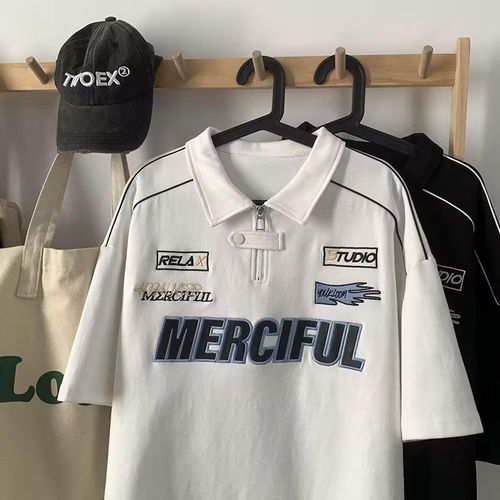 Men's Polo Shirt American Retro Collar Short Sleeve T-Shirt Loose Half Sleeve Trendy Motorcycle Summer T-Shirt Five-Sleeve