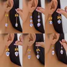 跨境电商热销耳钩古风国潮新款小众复古青花瓷陶瓷珠串珠长款耳环