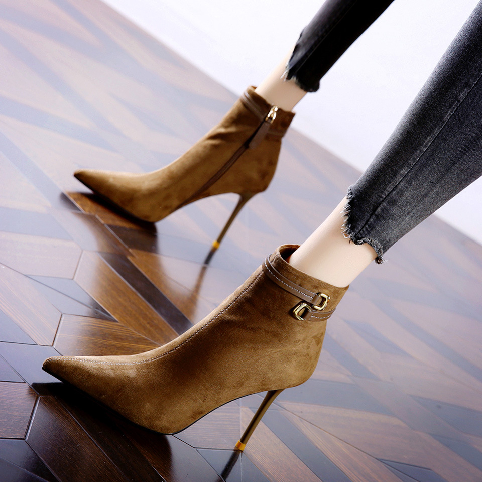 365-35皮带扣尖头高跟鞋女单靴2024秋冬保暖磨砂百搭黑色细跟短靴