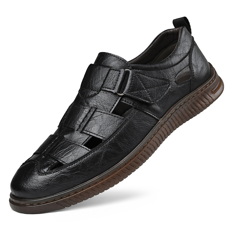 New Summer Leather Sandals With Soft Soles, Hollow-out Design, Breathable Perforated Cowhide Sole Men's Shoes, Available_voghion.com