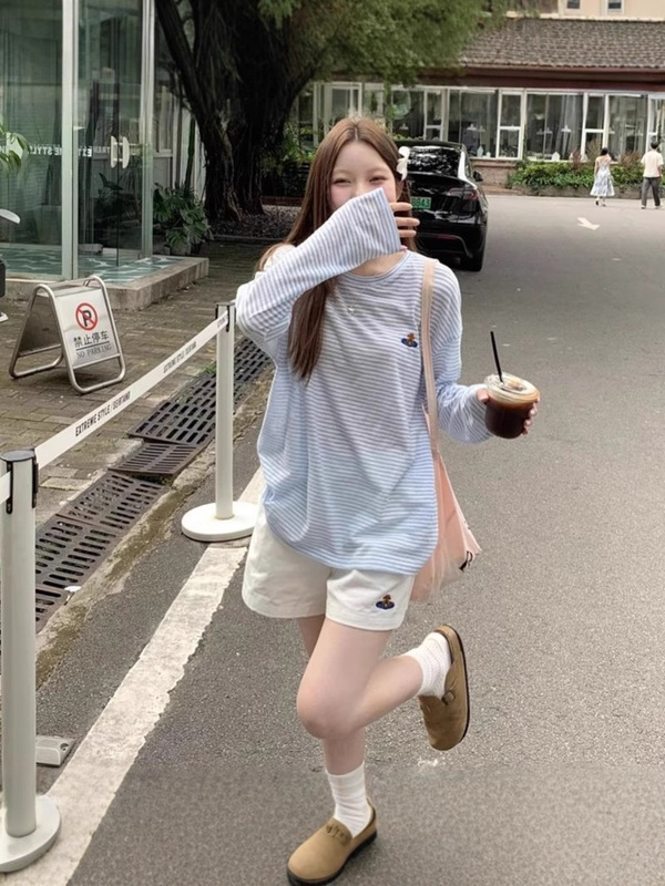 薄い漫画刺繍ストライプ長袖ブラウス Tシャツ女性の夏のデザインミッドレングスルーズ日焼け止めトップ|undefined