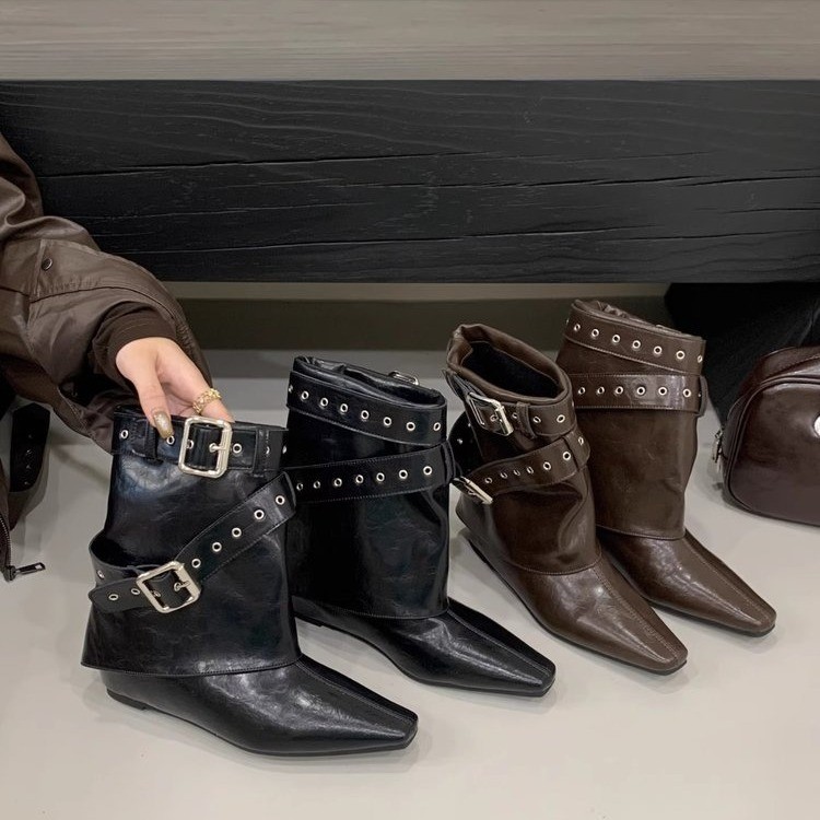 Belt Buckle Fashion Boots for Women 2025 New Korean Style Sleeve Pants Boots Autumn and Winter Western Cowboy Boots Fashion Boots