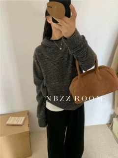 2024秋冬/洋气仿兔绒条纹连帽卫衣女复古chic慵懒宽松套头上衣潮