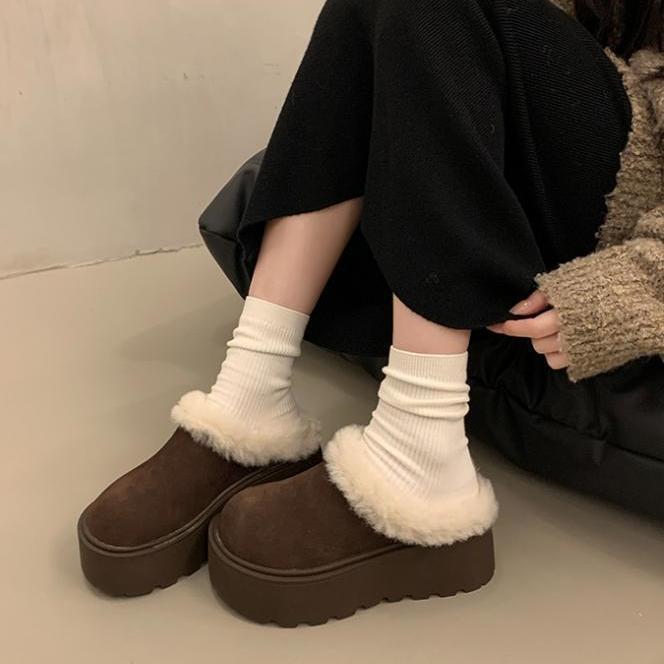 Thick-Soled Fleece-Lined Birkenstock Shoes for Women, 2025 Autumn and Winter New Style, Closed-Toe Slip-On Furry Snow Boots, Cotton Slippers