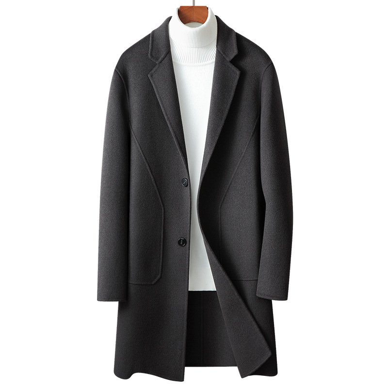 Abrigo de los hombres 2023 primavera y otoño hecho a mano abrigo de lana de doble cara para personas jóvenes y de mediana edad de color sólido casual abrigo de lana de longitud media