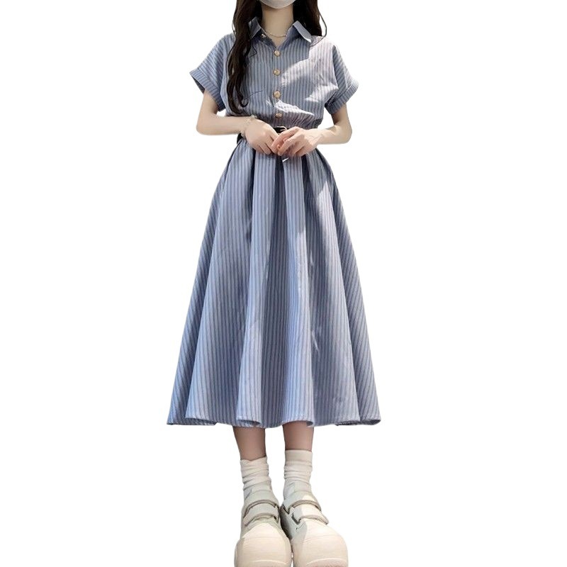 韓国カレッジスタイルシャツドレスレディースユニークで美しいピンチウエストスカート2025年夏新作ウエストロングスカート|undefined