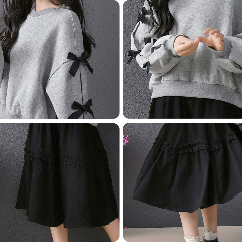 Falda holgada con orejas de madera, falda de media longitud hinchada de cintura alta, manga de pajarita, suéter lindo coreano