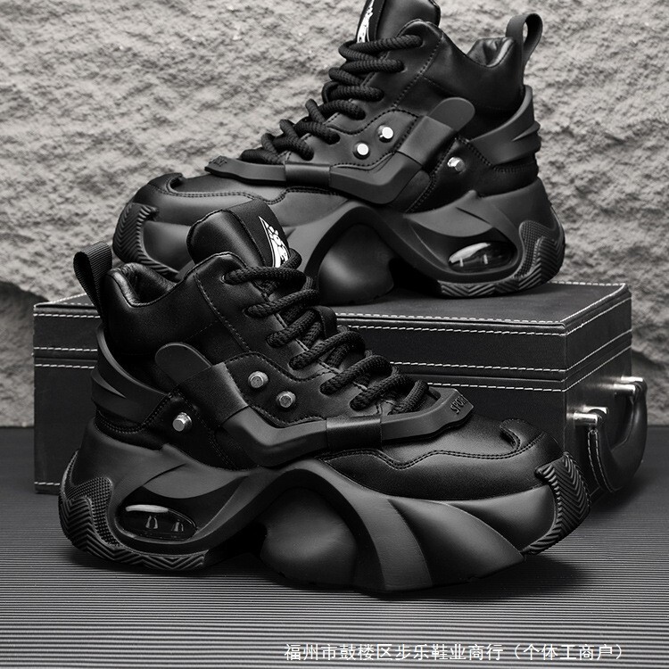 Cos Invisible Inner Height Increase 12cm 10cm 8 Men's Versatile Thick-Soled Dad Shoes Pure Black Warrior Rivet High-Top Trendy Shoes