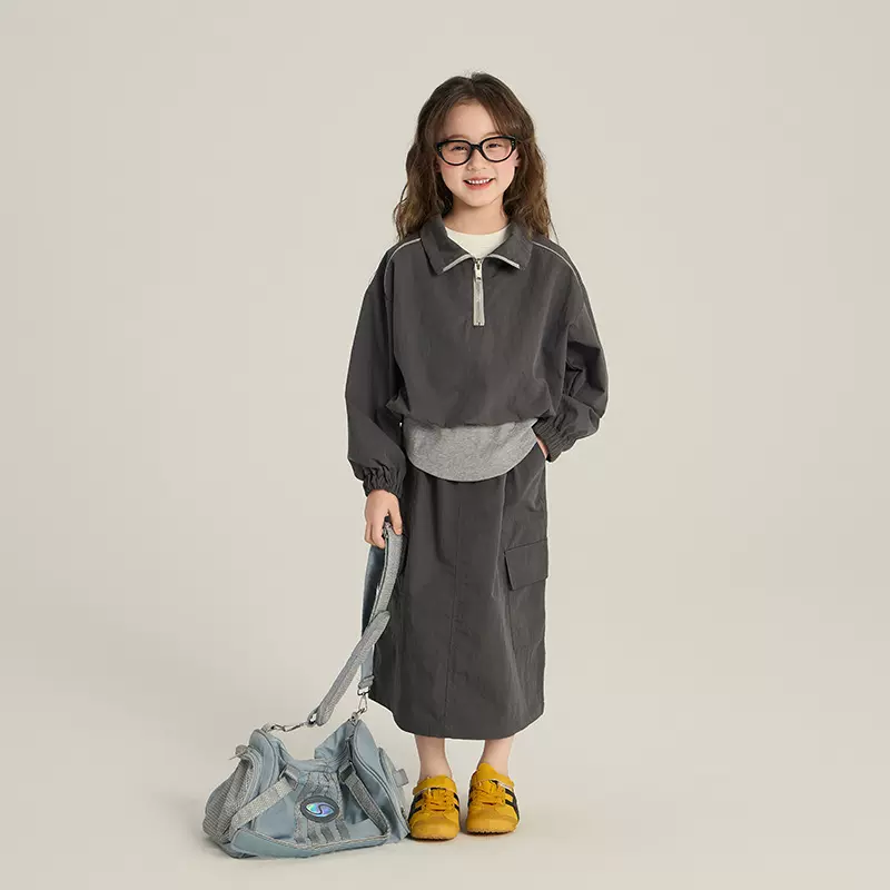 艾摩贝贝女童工装套装2025春新款儿童韩版假两件卫衣时髦半身长裙