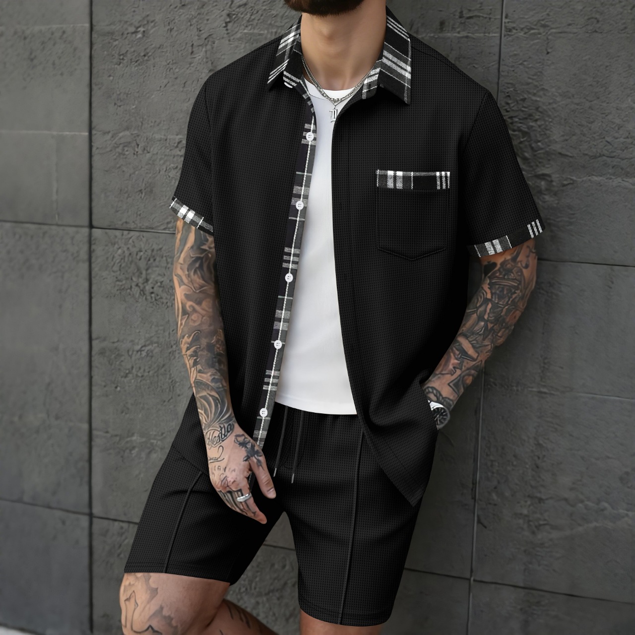 Men's Breathable Waffle Plaid Patchwork Cardigan Shirt And Shorts Set Short Sleeved Casual Suit_viptrois.com