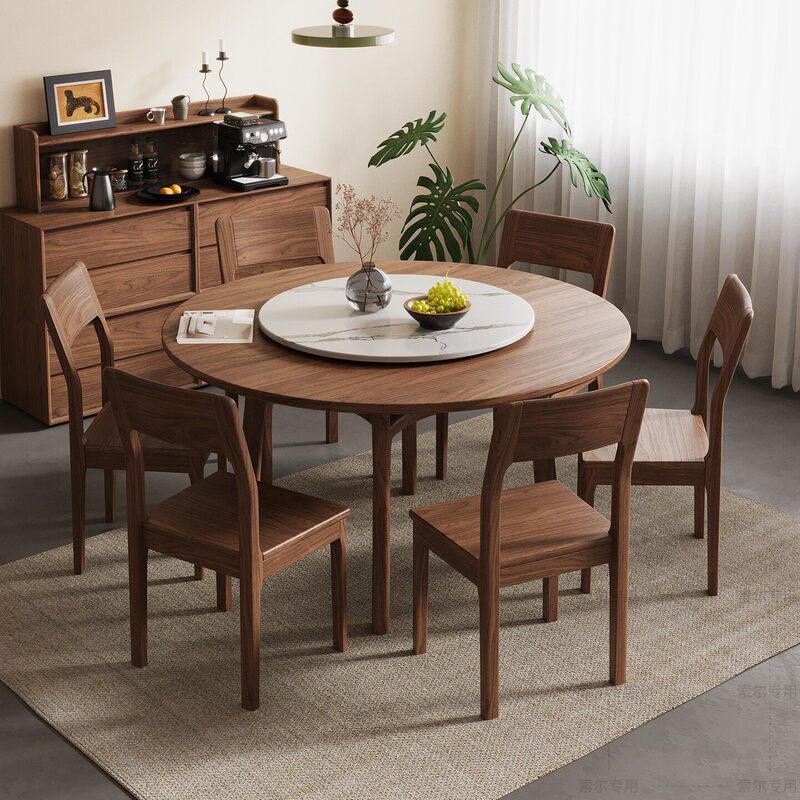 2026 New Model Black Walnut Wood Retro-Style Small Apartment Round Table for Home Use, Solid Wood Rotating Dining Table with Turntable