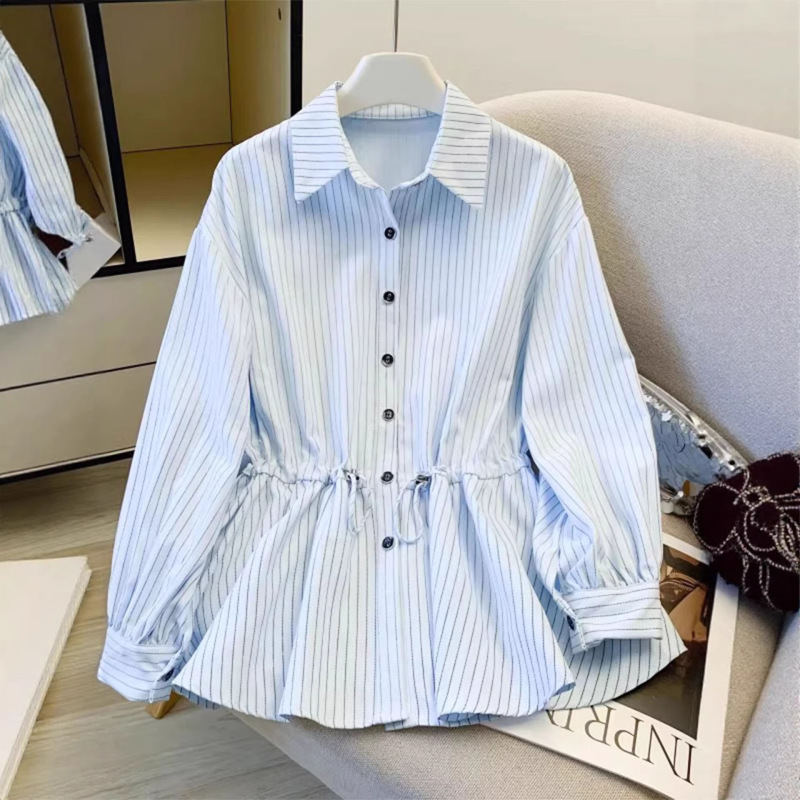 Blue Elegant Waist-Cinching Long-Sleeve Shirt Cardigan with Turn-Down Collar, New Spring Style Women's Striped Shirt A10814