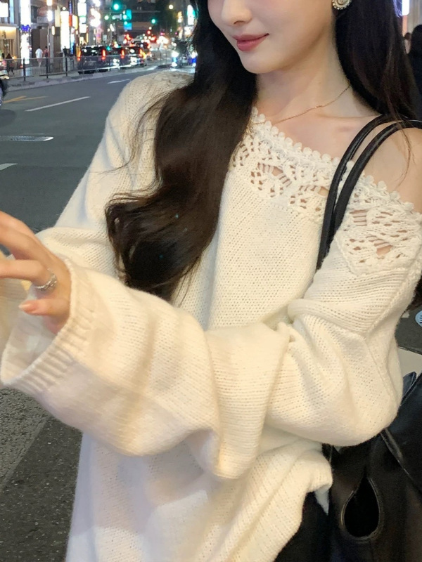 美利奴羊毛镂空花边一字领针织衫女秋长袖宽松慵懒上衣|undefined