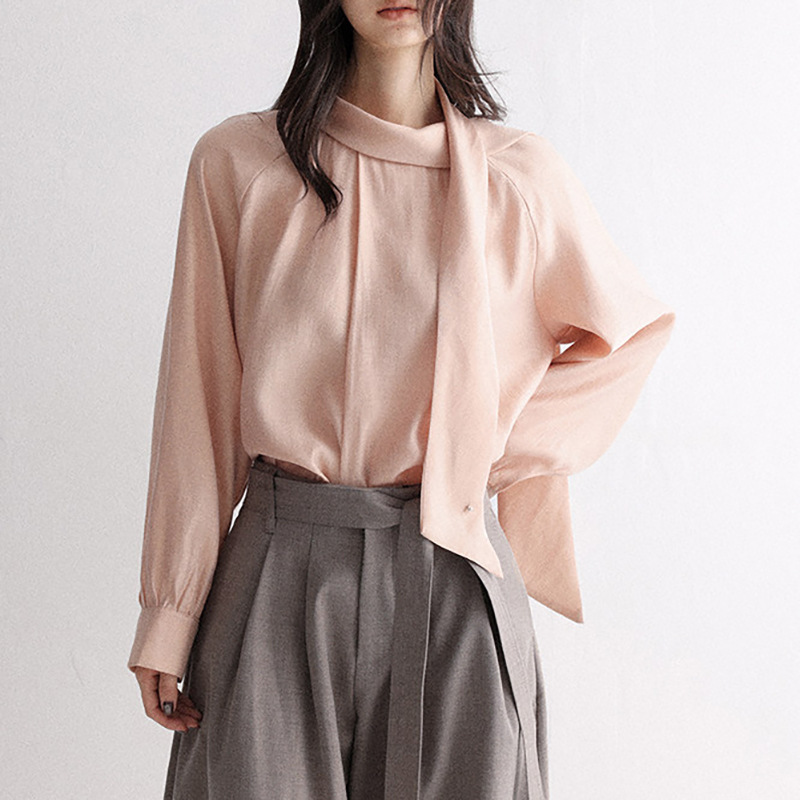 Cha Pink Stylish Long-Sleeve Shirt with Ribbon, Slimming Top for Women, Autumn and Winter Casual Versatile Petite Shirt Cha Pink Stylish Long-Sleeve Shirt with Ribbon, Slimming Top for Women, Autumn and Winter Casual Versatile Petite Shirt
