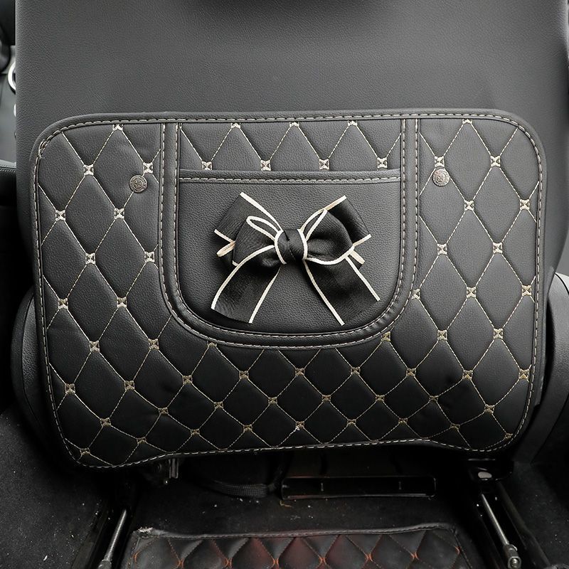 Car Back — Universal Chair back anti-kick pad - black-white-edge-bow-black-pad