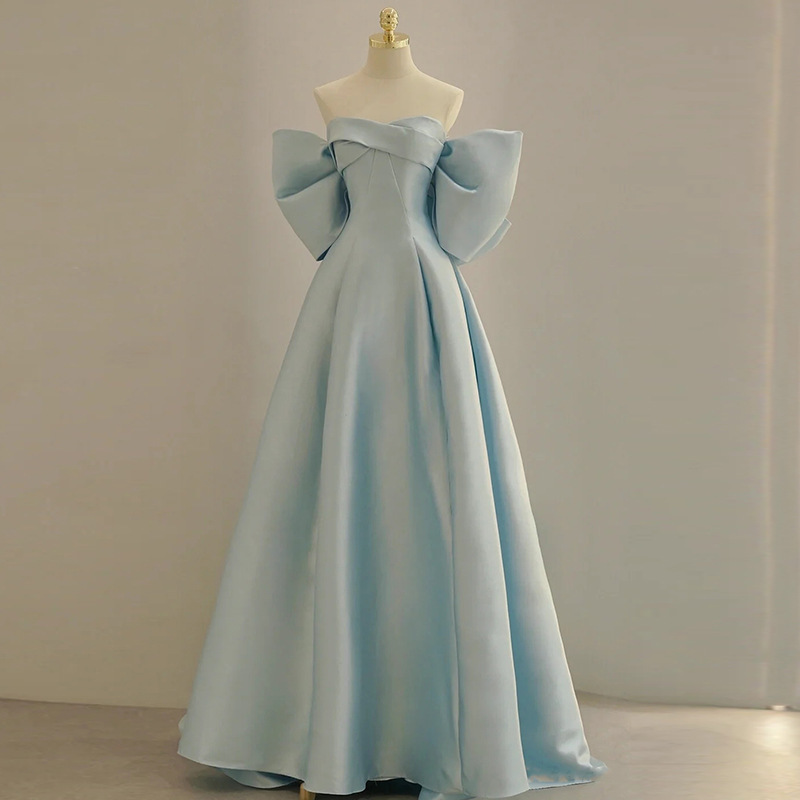 Light Blue One-Shoulder Evening Dress, Simple Satin Bow A-Line Dress, Elegant Birthday Dress