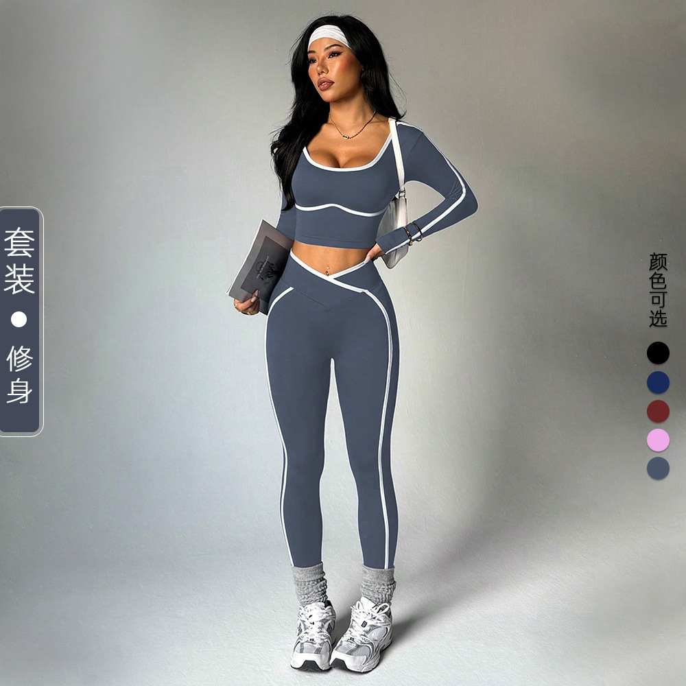 Xiyun explosivo cross-border color contrastante yoga ajustado manga larga frente V cintura elevación de cadera ajustado conjunto de pantalones de calzado