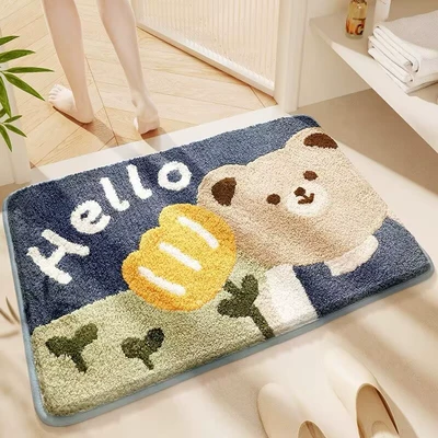 Cartoon Bathroom Absorbent Floor Mat, Stain-Resistant Foot Mat, Toilet Household Mat, Entrance Bathroom Non-Slip Mat, Imitation Cashmere Carpet (Avtomobil döşəmə paspasları) - bear-and-flower-4060cm-imitation-cashmere
