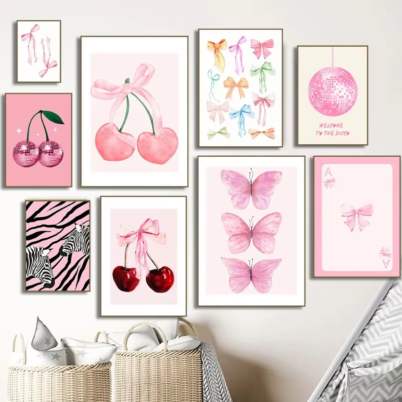 61g Weight Painting Home Textiles & Decor Type Canvas Material Cute Cherry Butterfly Bow Knot Canvas Painting Wall Art