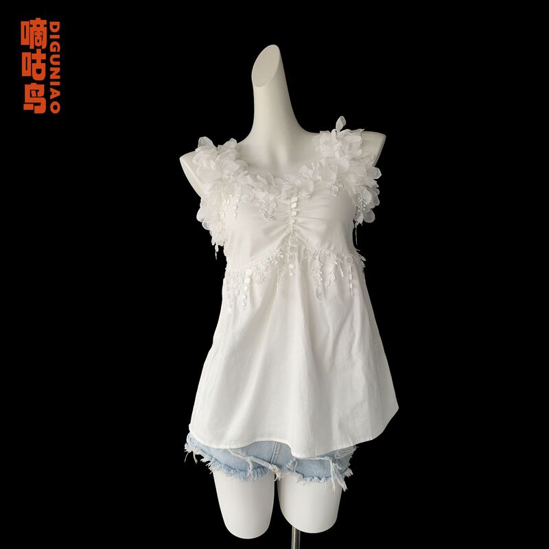 Lined Floral Lace Camisole for Women, Fairy-Like Fresh White Top, Staycation Outfit