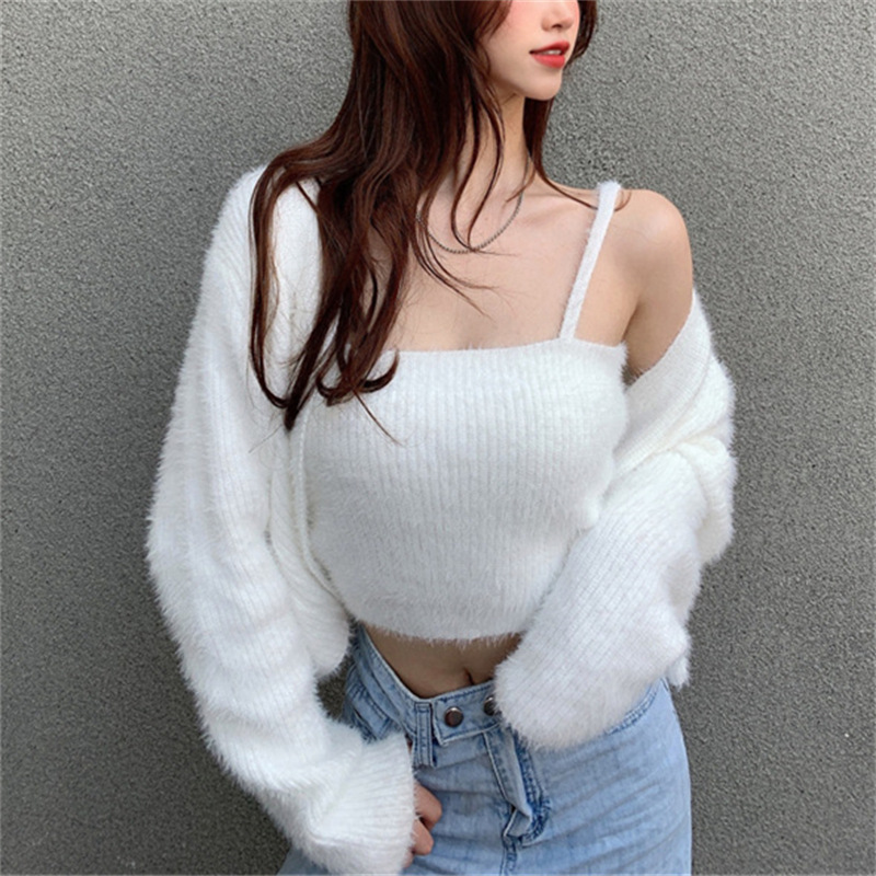 Sexy Cardigan 2023 Autumn/Winter New Product   Mink Wool Chest Wrapping Two Piece Set Korean Knitted Sweater for_voghion.com