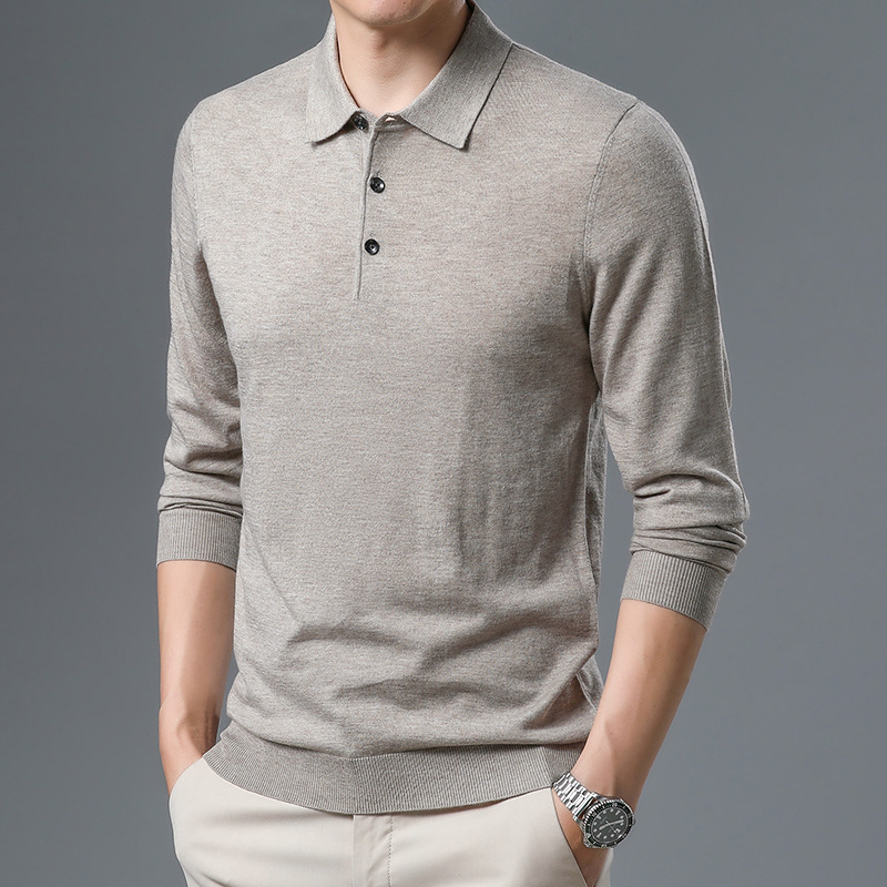 6 Wool Men's Autumn and Winter Long Sleeve Lapel Knitted Sweater All-match Hard Pilling T-shirt Collar with Wool Casual Base Shirt