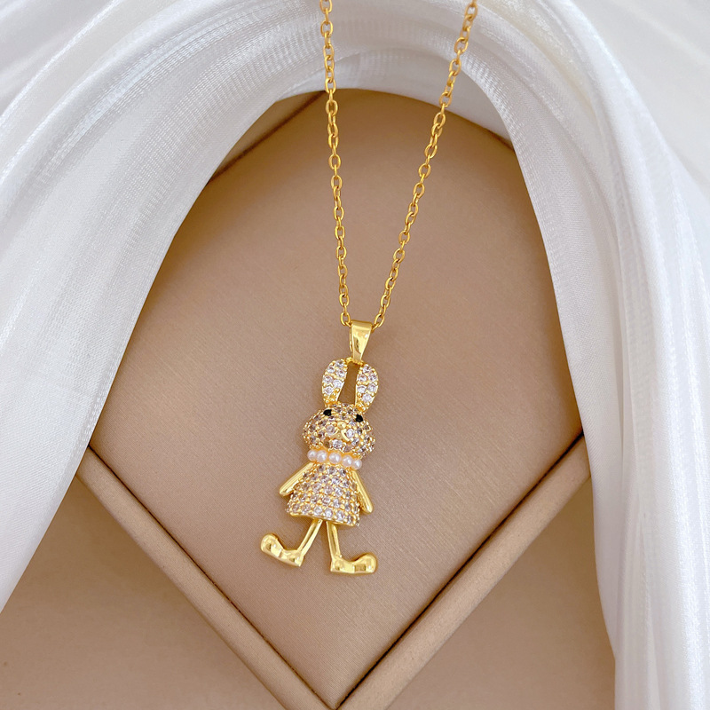 Luxurious Titanium Steel Pearl Rabbit Necklace With Full Diamond_voghion.com