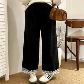 大码女装高腰休闲裤女百搭直筒裤2025冬胖mm拼接花边阔腿裤NK1288
