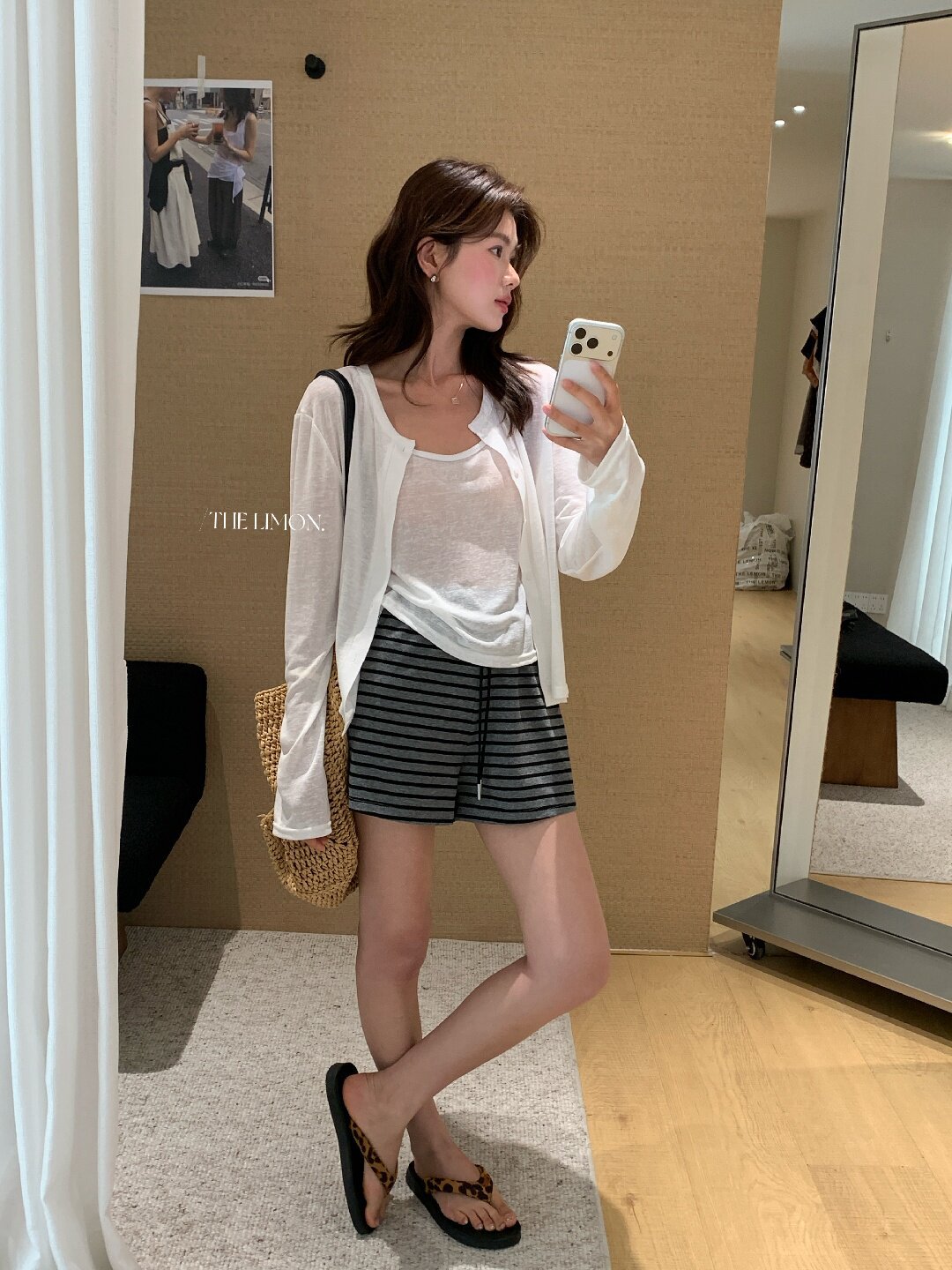 Bộ cardigan len mỏng kèm áo hai dây hai mảnh nữ mùa hè — Xám cacbon, xanh lam, màu hồng, Đậu xanh chi tiết 10