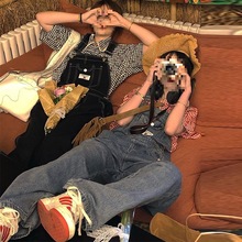 减龄气质设计感美式复古牛仔背带裤女秋冬大码洋气显瘦连体长裤子