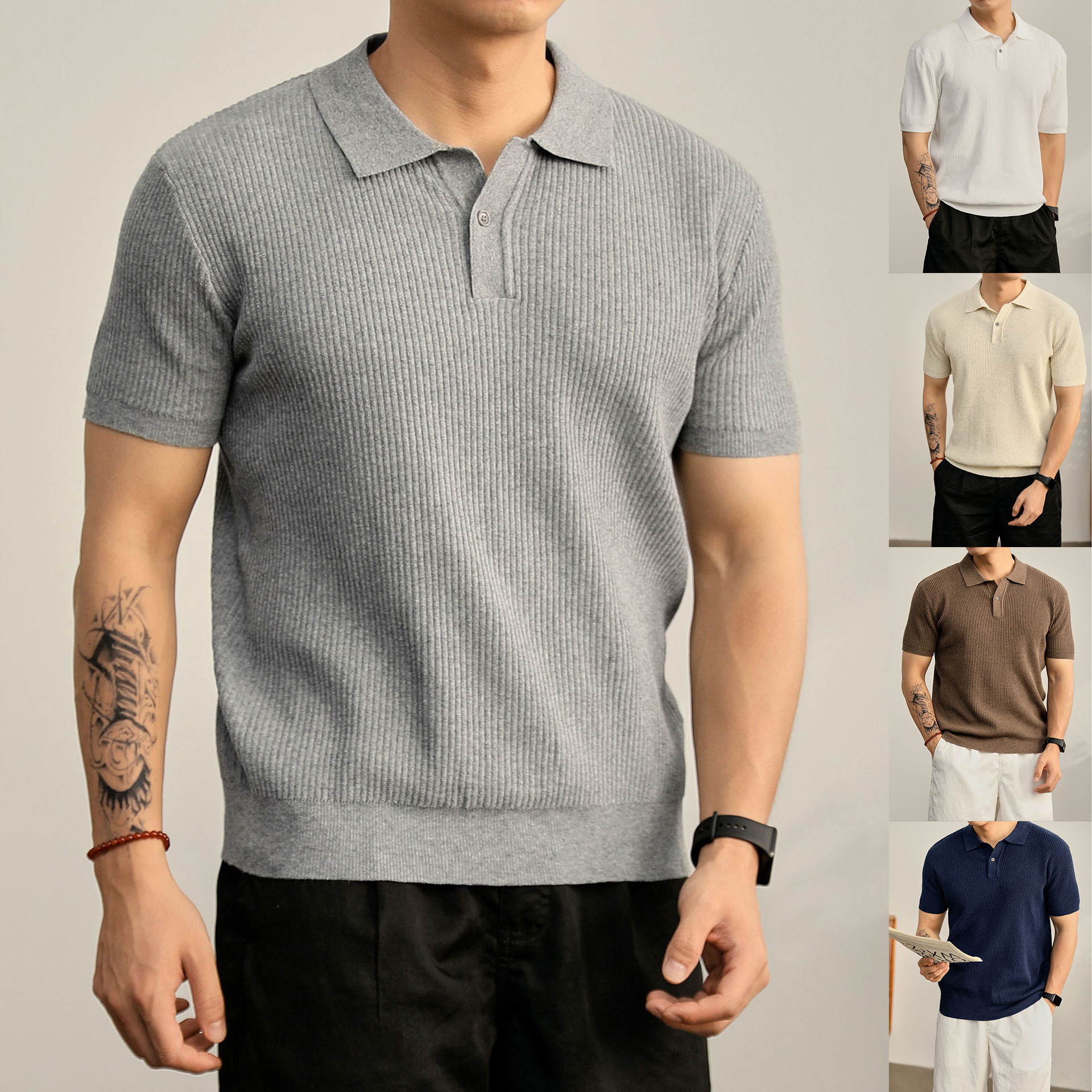 Polo camiseta de punto camiseta de manga corta camiseta de hombre cuello en V Paul rayas viejas líneas de negocios de verano fábrica transfronteriza mayorista