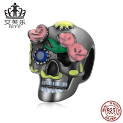 艾芙樂玫瑰骷髏純銀s925串珠手鍊 鍍黑金彩色滴油花朵萬聖節珠子