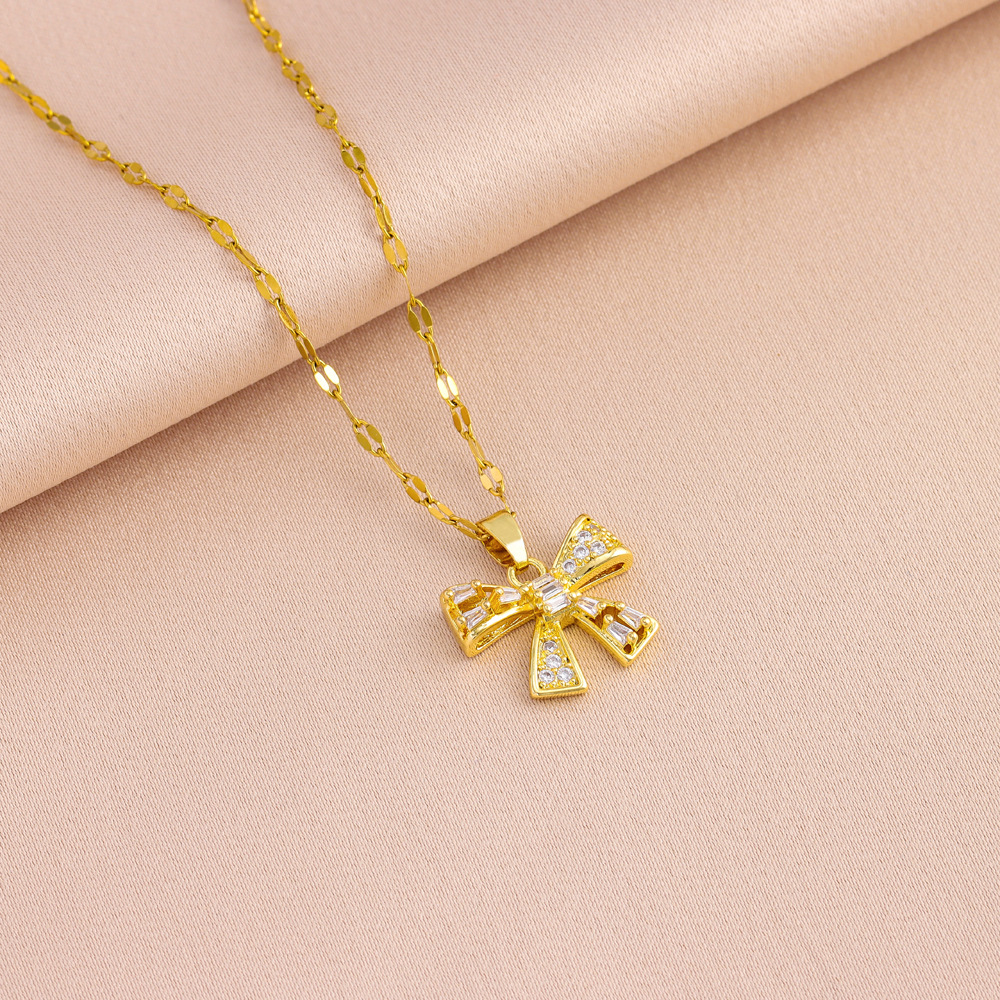 Collana con fiocco, orecchini da donna, leggeri, di lusso, in acciaio al titanio di alta qualità, con clavicola, orecchini a bottone, set di gioielli_voghion.com