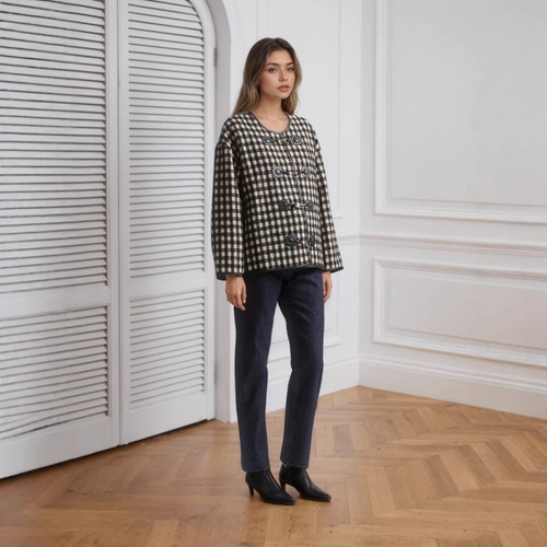 2025 New Autumn Winter European and American Amazon Metal Buckle Decorated Round Neck Collar Piping Peacock Pattern Fashion Short Pants Coat 