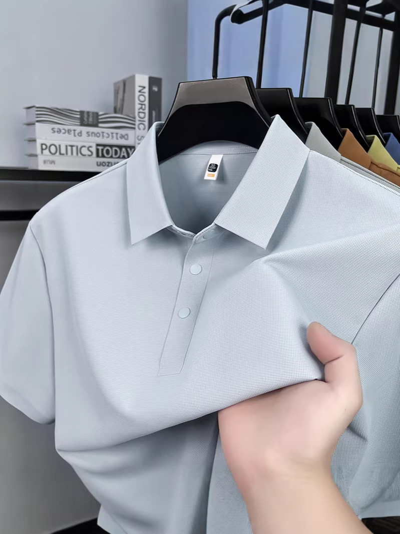 Seamless Nylon Polo Shirt, New Summer Style, Three-Button Split Hem, Men's High-Quality Solid Color Casual Popular T-Shirt