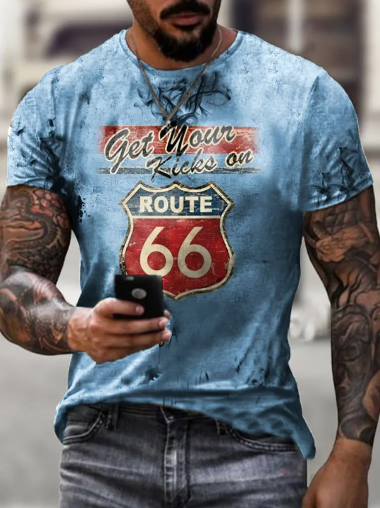 Cross-border Amazon hombres camisa de cuello redondo retro manga corta estilo europeo y americano impreso N ° 66 carretera carta camiseta