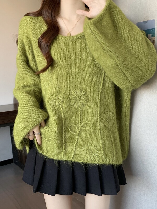 重工立体花朵刺绣套头毛衣女2025秋冬新款韩版宽松休闲针织上衣厚|undefined