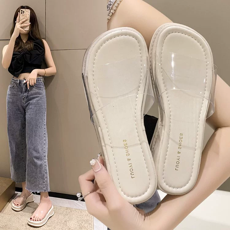 Женские летние тапочки на танкетке на толстой подошве, летняя верхняя одежда в сказочном стиле, новые прозрачные сандалии с одним ремешком, простые сандалии на высоком каблуке, 2025 г.