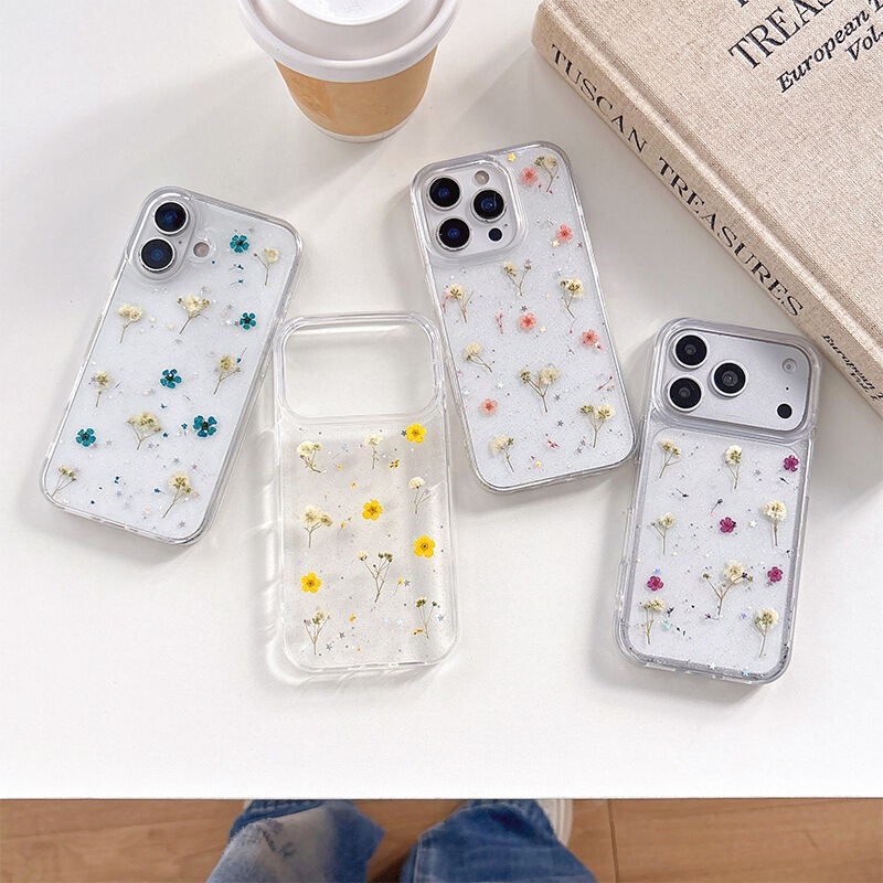 Suitable for Apple 17Promax Mobile Phone Case, Transparent Glitter Powder, Japanese Flower Design, Iphone18 Star Sequins, Popular Model