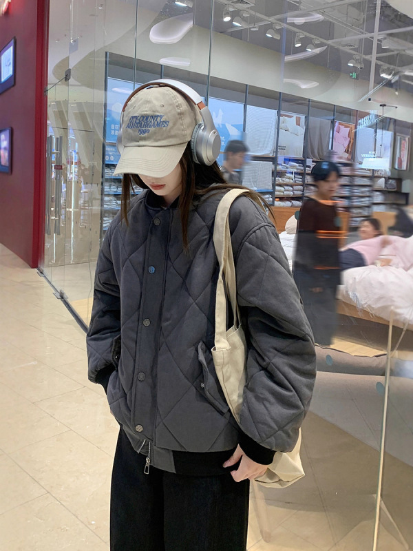美式菱格棒球服棉服女2025年冬季新款韩系宽松超好看夹棉棉袄外套|undefined