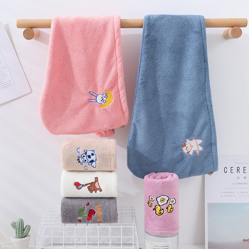 Coral velvet quick-drying and thick hair-drying towel with double-layer cute embroidery for hair care, washing, and covering hair