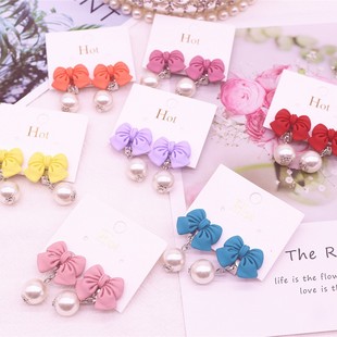 Children's New Bow Imitation Pearl Pendant Earrings Girls Cute and Sweet Bow Non-Pierced Ear Clip Earrings