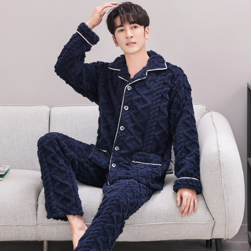 Pijamas de lana de coral coreana para hombres otoño y invierno engrosados franela se pueden usar cardigan de manga larga de invierno conjunto de ropa para el hogar