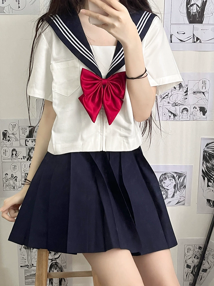 Pleated school skirt set, multiple lengths 43/65/80 cm, navy & tibetan blue, sizes S–5XL