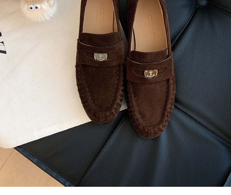 Giày lười nữ da bò nhăn nhúm phong cách retro, gót thô 6–8 cm, mũi tròn xỏ chân — Màu kaki, Màu nâu cà phê chi tiết 12
