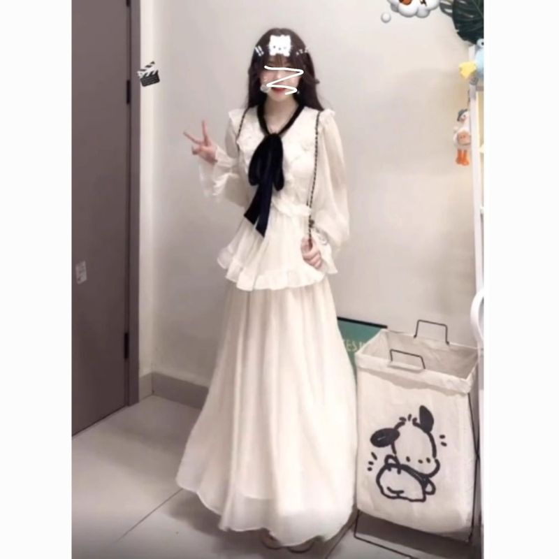 法式优雅气质长袖收腰荷叶边仙女连衣裙秋季新款高级感雪纺长裙子|undefined