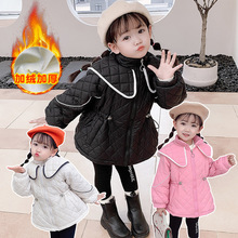 韓版童裝2022秋女童菱形壓格燈籠袖抽繩收腰披肩保暖棉衣棉服外套